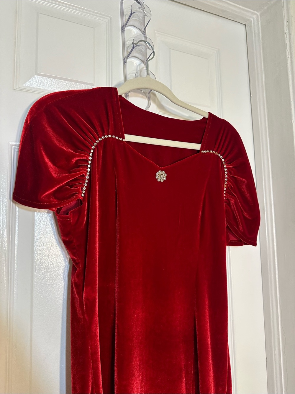 Vintage Elegant Red Velvet Dress with Jewel Accent and Small Slit Holiday Dress